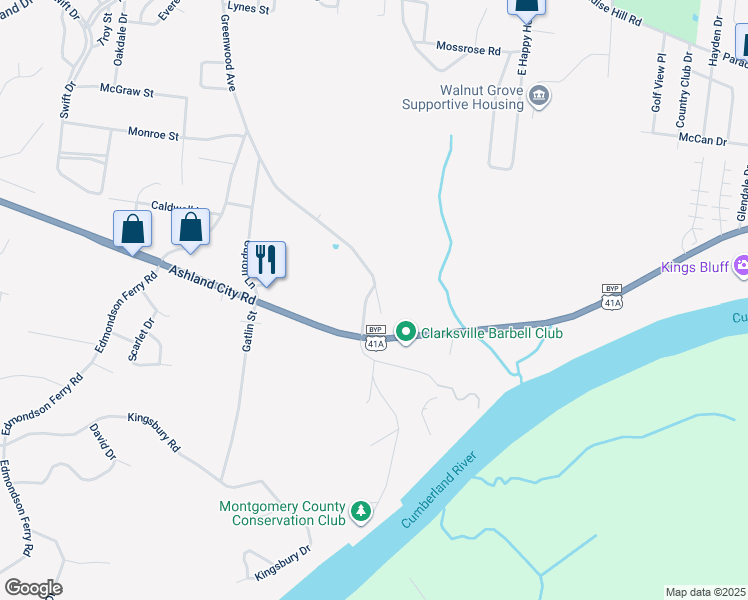 map of restaurants, bars, coffee shops, grocery stores, and more near 1074 Old Sevenmile Ferry Road in Clarksville
