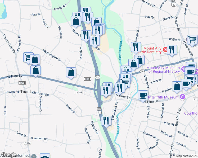 map of restaurants, bars, coffee shops, grocery stores, and more near Highway 52 in Mount Airy