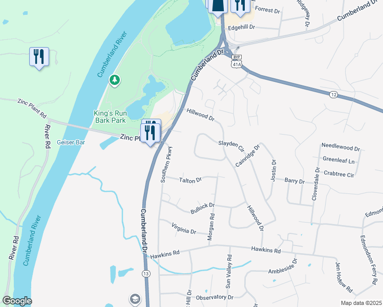 map of restaurants, bars, coffee shops, grocery stores, and more near 222 Slayden Circle in Clarksville