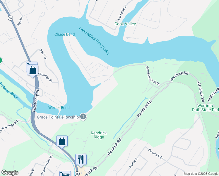 map of restaurants, bars, coffee shops, grocery stores, and more near 3807 Hemlock Park Lane in Kingsport