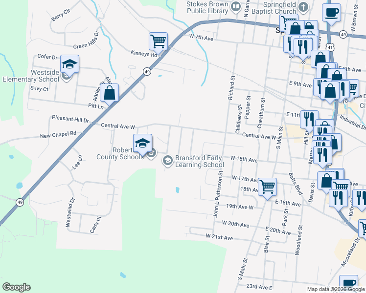 map of restaurants, bars, coffee shops, grocery stores, and more near 1306 Jarrett Drive in Springfield