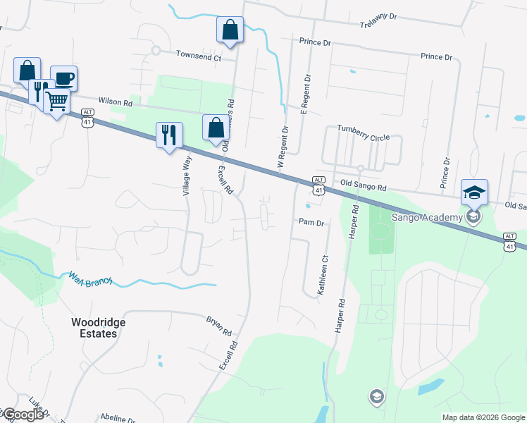 map of restaurants, bars, coffee shops, grocery stores, and more near 135 Excell Road in Clarksville