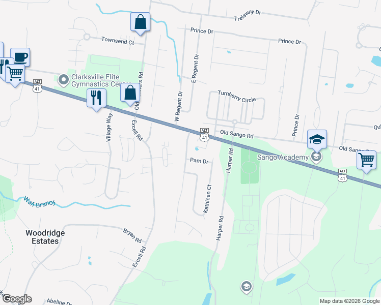 map of restaurants, bars, coffee shops, grocery stores, and more near 113 Shady Maple Dr in Clarksville