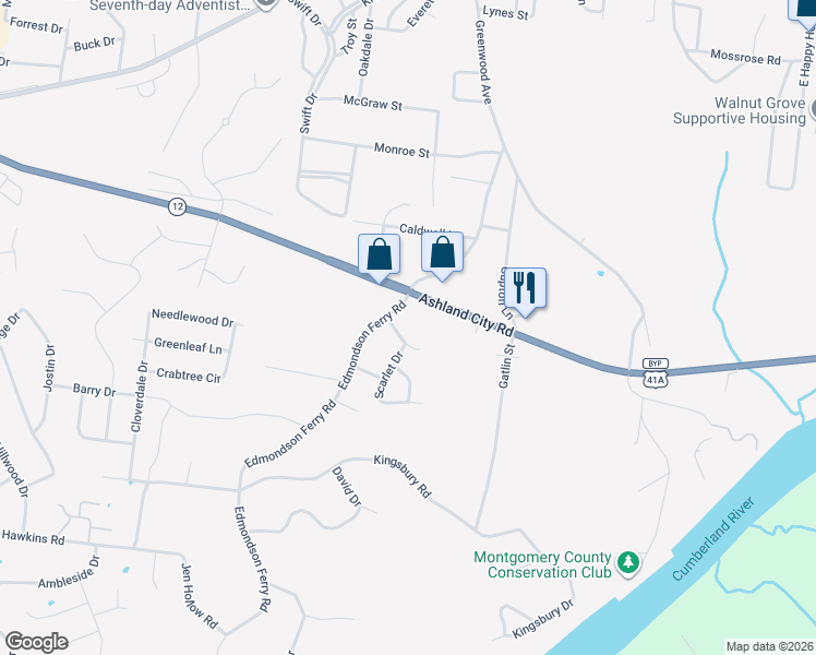 map of restaurants, bars, coffee shops, grocery stores, and more near 605 Hamilton Street in Clarksville