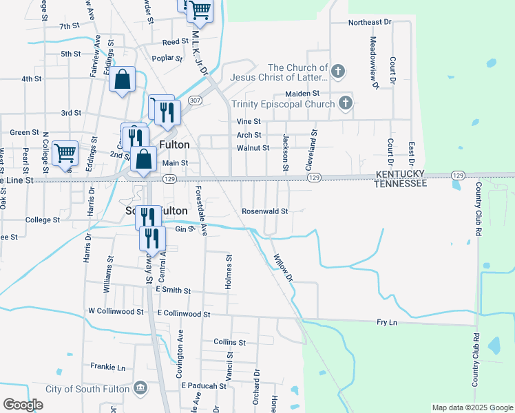 map of restaurants, bars, coffee shops, grocery stores, and more near 119 Roach St in South Fulton