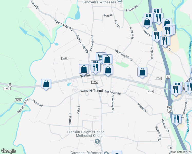 map of restaurants, bars, coffee shops, grocery stores, and more near 1221 West Pine Street in Mount Airy