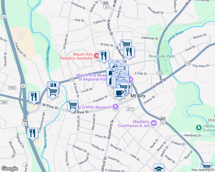 map of restaurants, bars, coffee shops, grocery stores, and more near West Oak Street in Mount Airy