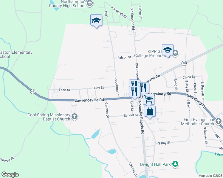 map of restaurants, bars, coffee shops, grocery stores, and more near 304 Huey Street in Gaston