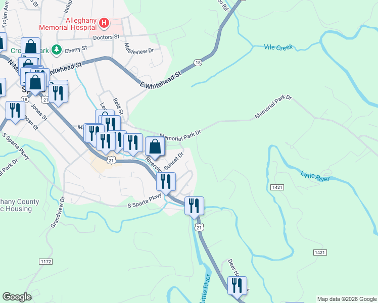 map of restaurants, bars, coffee shops, grocery stores, and more near 184 Sunset Drive in Sparta
