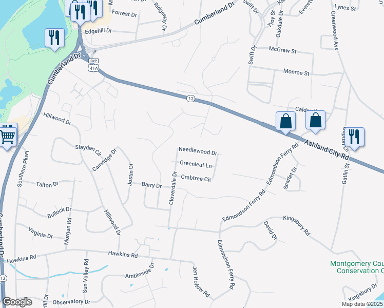 map of restaurants, bars, coffee shops, grocery stores, and more near 406 Needlewood Drive in Clarksville