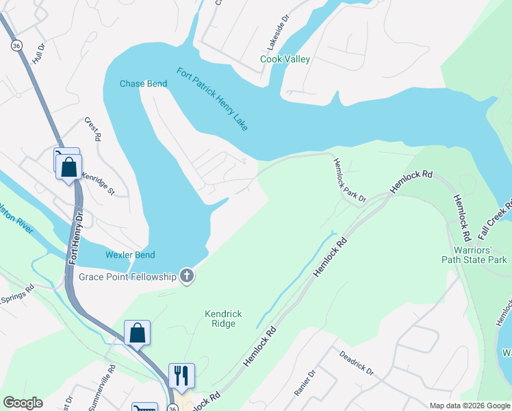 map of restaurants, bars, coffee shops, grocery stores, and more near 3807 Hemlock Park Ln in Kingsport