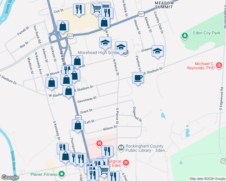 map of restaurants, bars, coffee shops, grocery stores, and more near 225 Devonway Street in Eden