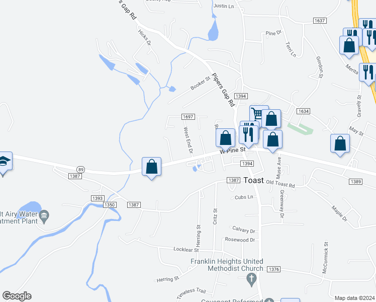 map of restaurants, bars, coffee shops, grocery stores, and more near 119 West End Drive in Mount Airy