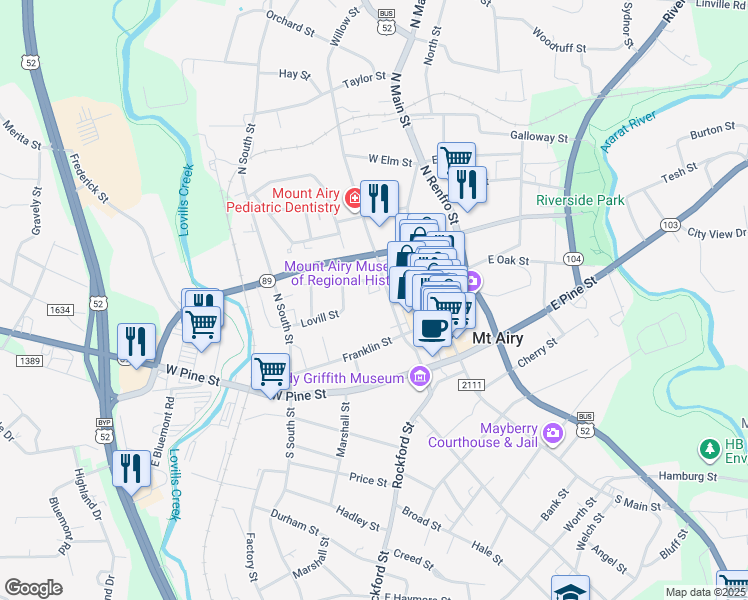 map of restaurants, bars, coffee shops, grocery stores, and more near 239 Willow Street in Mount Airy