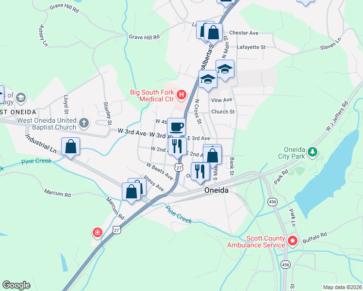 map of restaurants, bars, coffee shops, grocery stores, and more near 18577 Alberta Street in Oneida