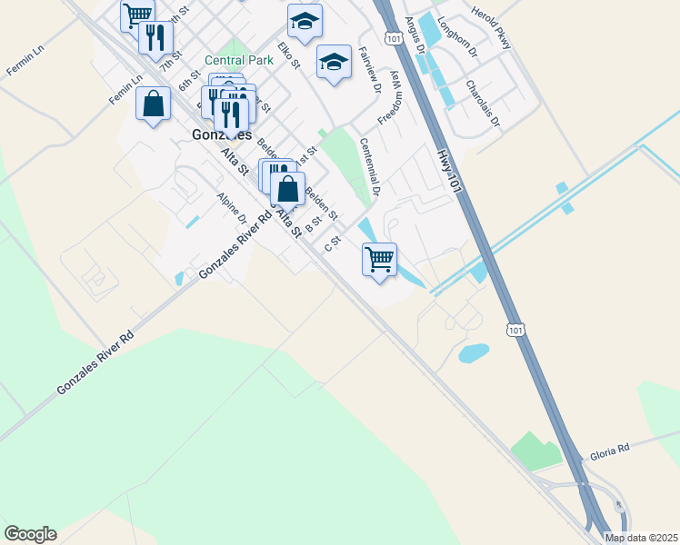 map of restaurants, bars, coffee shops, grocery stores, and more near 480 South Alta Street in Gonzales