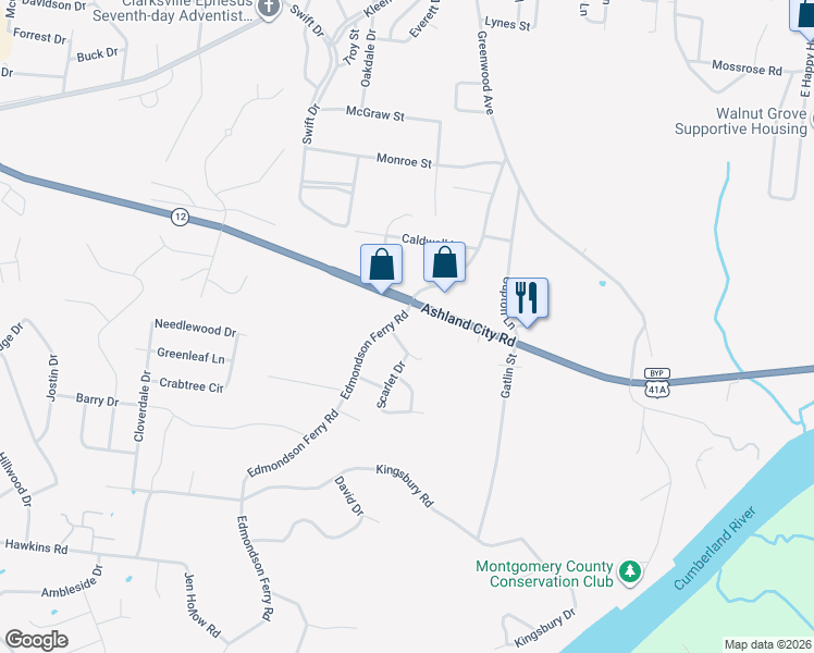map of restaurants, bars, coffee shops, grocery stores, and more near 605 Hamilton Street in Clarksville