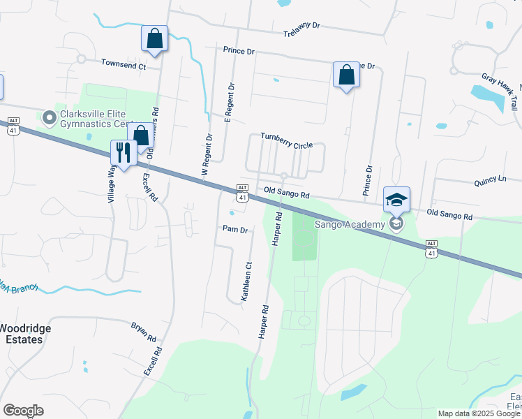 map of restaurants, bars, coffee shops, grocery stores, and more near 203 Kathleen Court in Clarksville