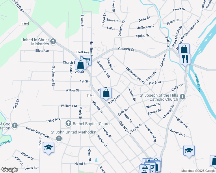 map of restaurants, bars, coffee shops, grocery stores, and more near 803 Oak Street in Eden