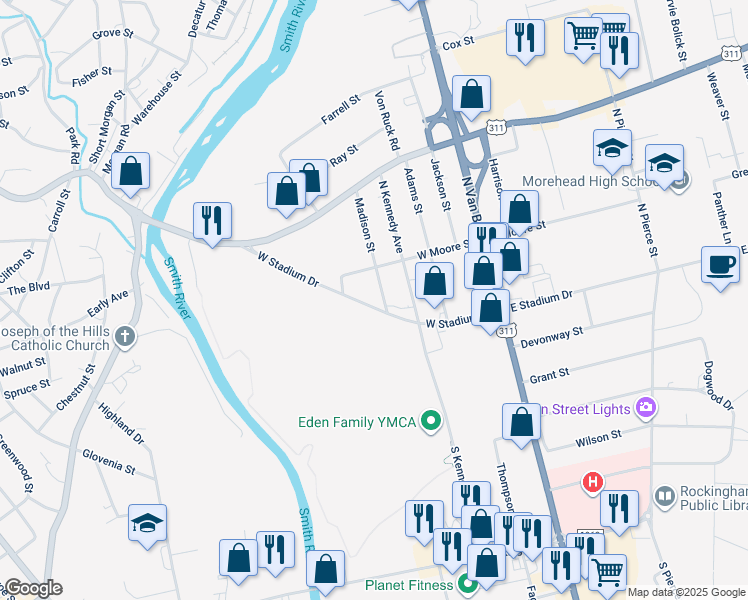 map of restaurants, bars, coffee shops, grocery stores, and more near 239 W Stadium Dr in Eden