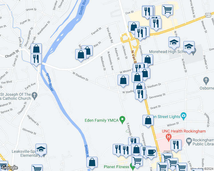 map of restaurants, bars, coffee shops, grocery stores, and more near 239 West Stadium Drive in Eden