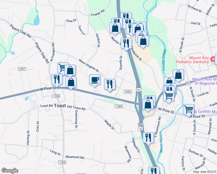 map of restaurants, bars, coffee shops, grocery stores, and more near 906 West Pine Street in Mount Airy