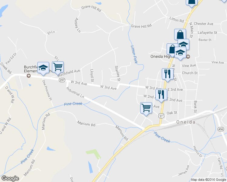 map of restaurants, bars, coffee shops, grocery stores, and more near 555 W 3rd Ave in Oneida