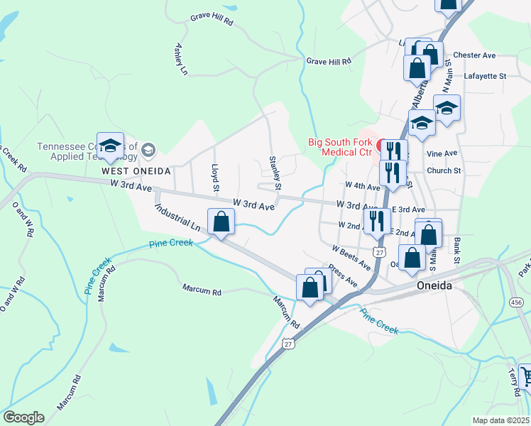 map of restaurants, bars, coffee shops, grocery stores, and more near 555 West 3rd Avenue in Oneida