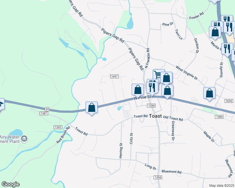 map of restaurants, bars, coffee shops, grocery stores, and more near 119 West End Drive in Mount Airy