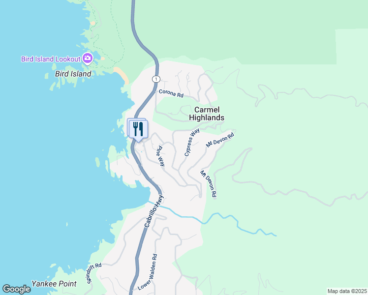 map of restaurants, bars, coffee shops, grocery stores, and more near 129 Cypress Way in Carmel-by-the-Sea