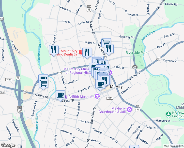 map of restaurants, bars, coffee shops, grocery stores, and more near 239 Willow Street in Mount Airy