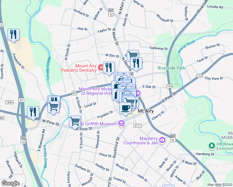 map of restaurants, bars, coffee shops, grocery stores, and more near 190 Virginia Street in Mount Airy