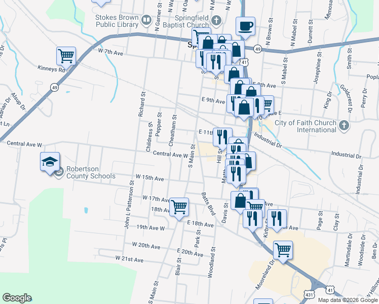 map of restaurants, bars, coffee shops, grocery stores, and more near 1111 Batts Boulevard in Springfield