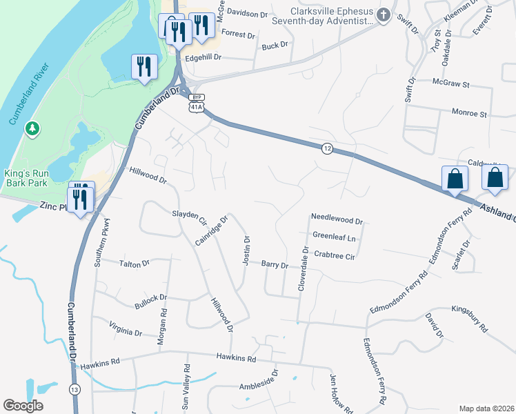 map of restaurants, bars, coffee shops, grocery stores, and more near 319 Cottonwood Court in Clarksville