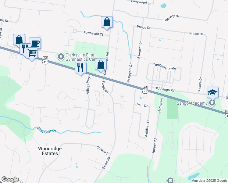 map of restaurants, bars, coffee shops, grocery stores, and more near 110 Old Excell Road in Clarksville