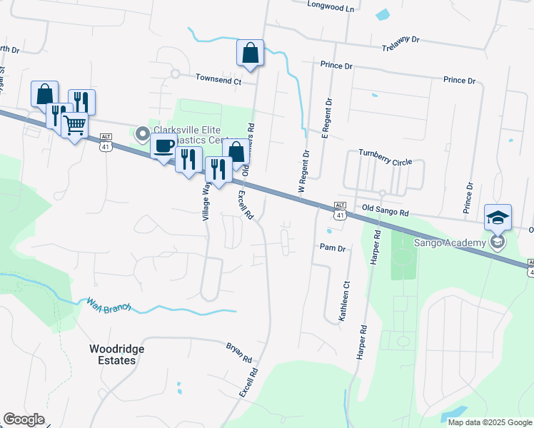 map of restaurants, bars, coffee shops, grocery stores, and more near 110 Old Excell Road in Clarksville