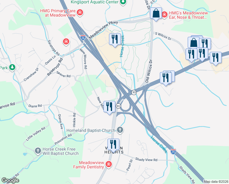 map of restaurants, bars, coffee shops, grocery stores, and more near 2209 Jett Road in Kingsport