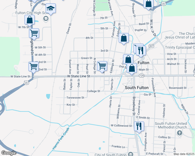 map of restaurants, bars, coffee shops, grocery stores, and more near 305 West State Line Street in South Fulton