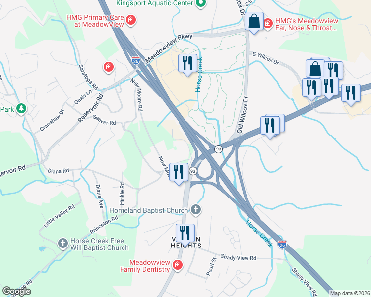 map of restaurants, bars, coffee shops, grocery stores, and more near 2209 Jett Road in Kingsport