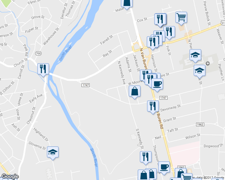 map of restaurants, bars, coffee shops, grocery stores, and more near 234 West Moore Street in Eden