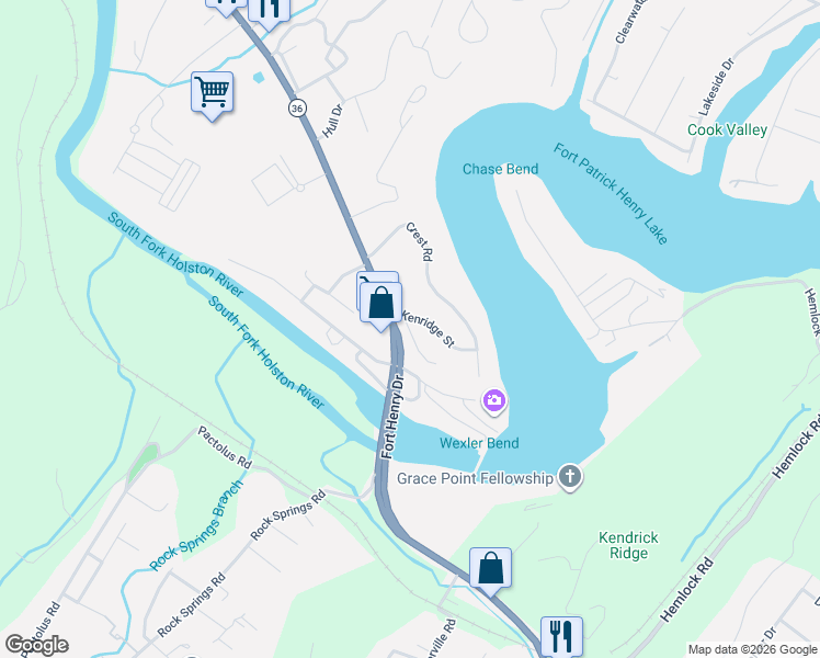map of restaurants, bars, coffee shops, grocery stores, and more near 3216 Kenridge Street in Kingsport