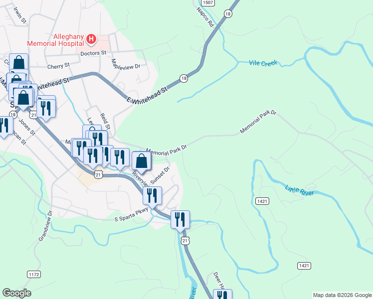 map of restaurants, bars, coffee shops, grocery stores, and more near 11 Little River Drive in Sparta