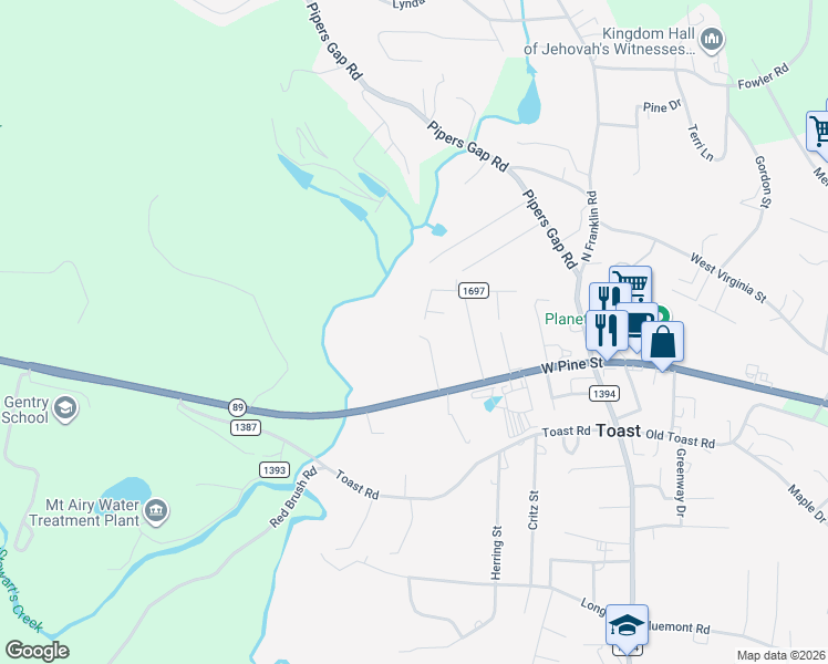 map of restaurants, bars, coffee shops, grocery stores, and more near 169 Tranquil Lane in Mount Airy