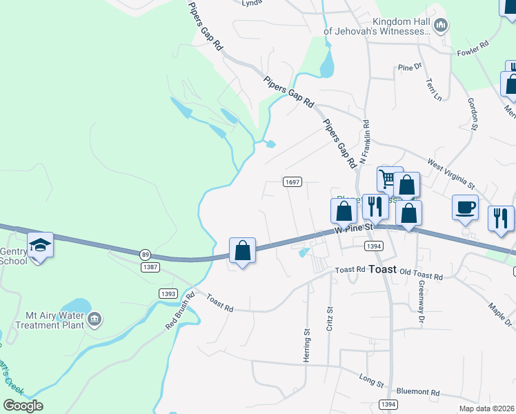 map of restaurants, bars, coffee shops, grocery stores, and more near 169 Tranquil Lane in Mount Airy