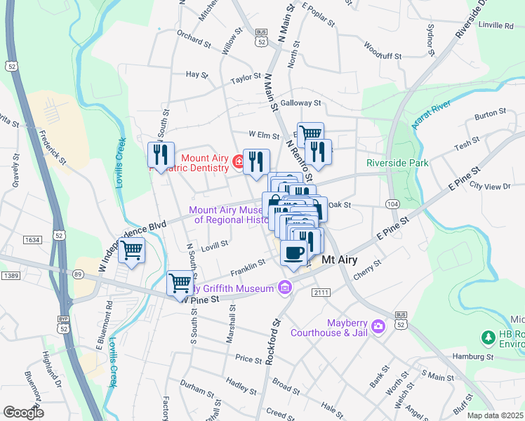 map of restaurants, bars, coffee shops, grocery stores, and more near 190 Virginia Street in Mount Airy