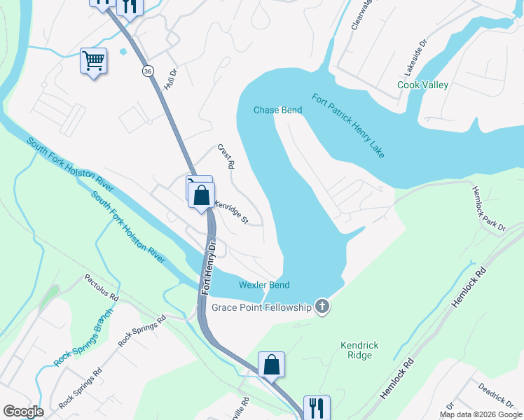 map of restaurants, bars, coffee shops, grocery stores, and more near 3649 Crest Road in Kingsport