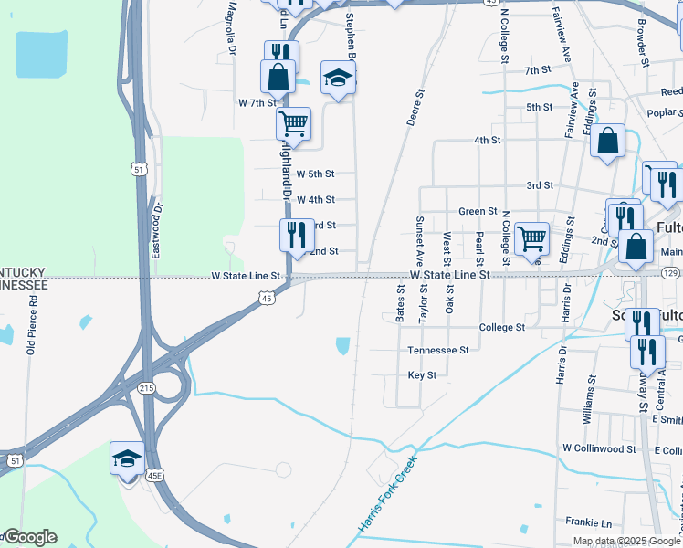 map of restaurants, bars, coffee shops, grocery stores, and more near 1002 West State Line Street in Fulton