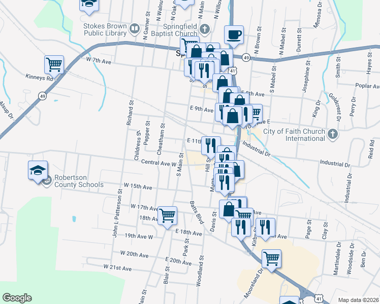map of restaurants, bars, coffee shops, grocery stores, and more near 1111 Batts Boulevard in Springfield