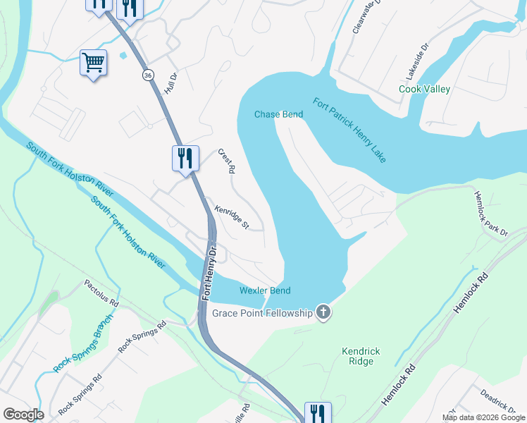 map of restaurants, bars, coffee shops, grocery stores, and more near 3649 Crest Road in Kingsport
