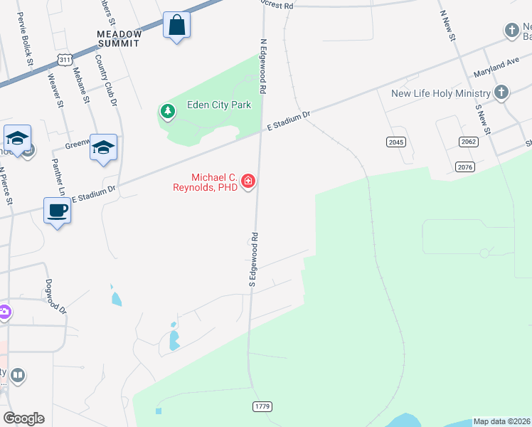map of restaurants, bars, coffee shops, grocery stores, and more near 222 South Edgewood Road in Eden